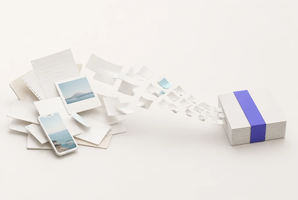 A messy pile of client files becoming one neat, banded package